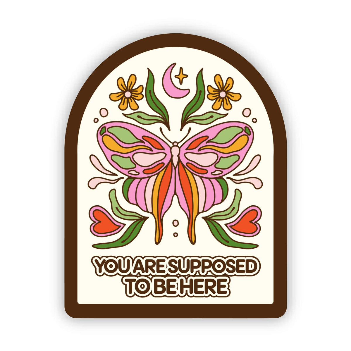 Decorative sticker with a butterfly design and text on a white background