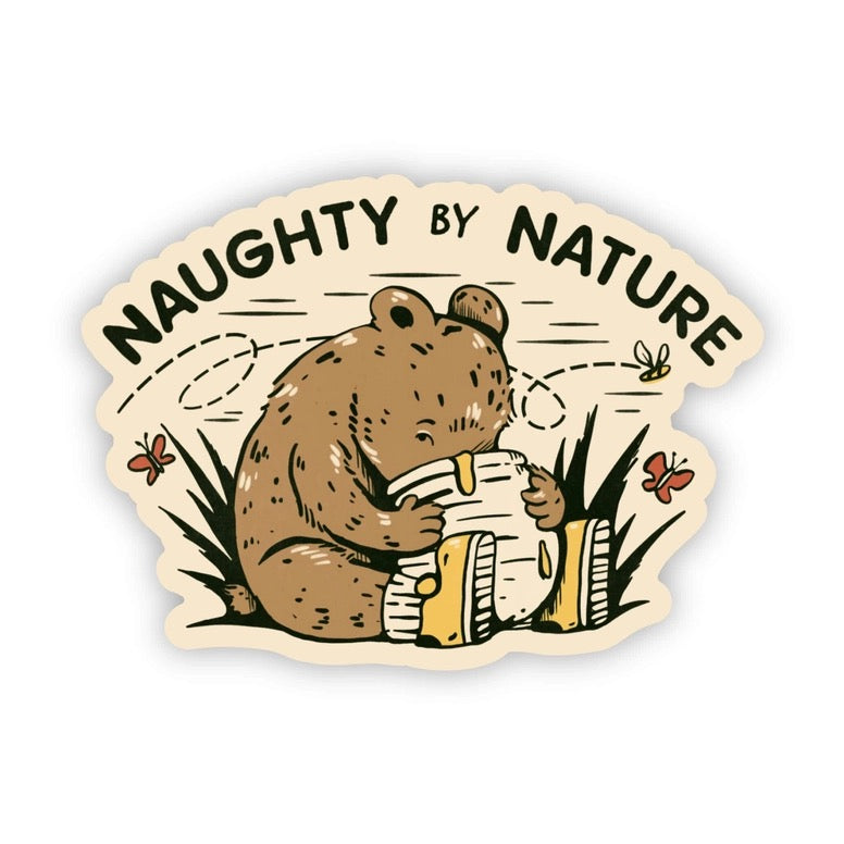 Sticker with a beaver holding a book and 'Naughty by Nature' text on a white background