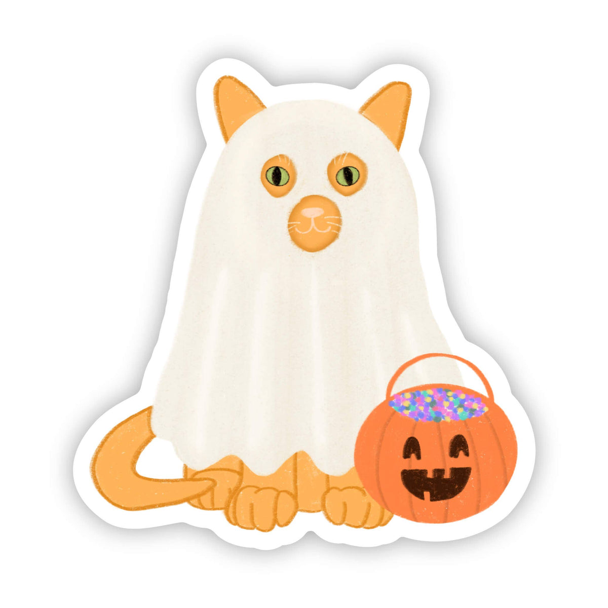 Cartoon cat with a Halloween pumpkin basket on a white background