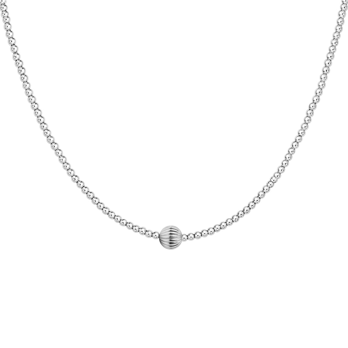 STERLING SILVER NECKLACE WITH SMALL BALLS AND ONCE LARGER CENTER BALL ON WHITE BACKGROUND