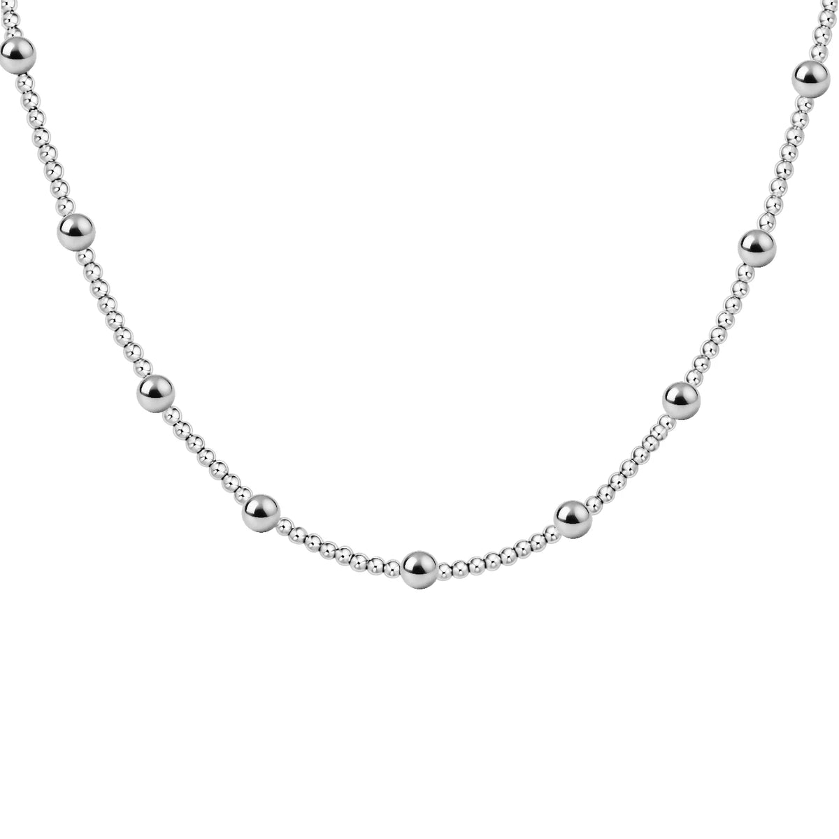 STERLING SILVER BEADED NECKLACE ON WHITE BACKGROUND