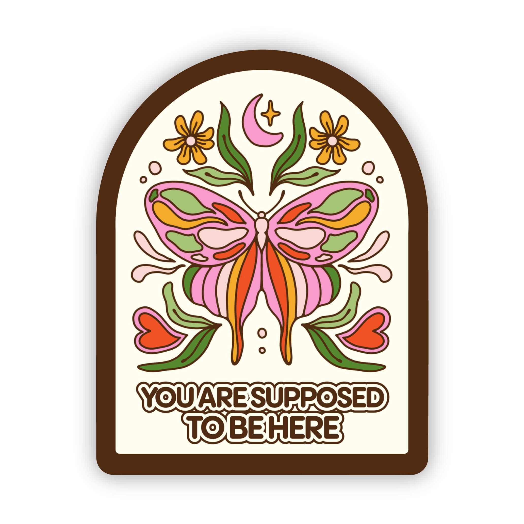 Decorative sticker with a butterfly design and text on a white background