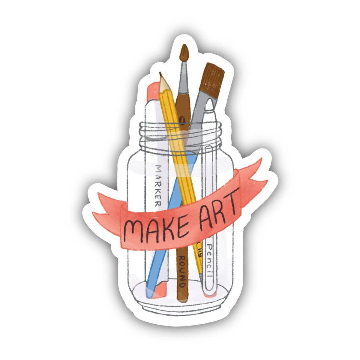 A die-cut sticker featuring a clear glass jar filled with art supplies, including paintbrushes, a yellow pencil, a blue marker, and a gray pencil, with a coral-pink ribbon banner across the middle that reads 'MAKE ART'.