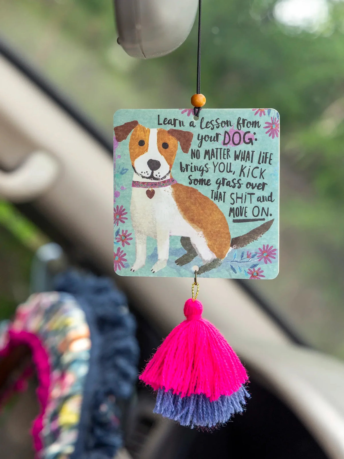 A AIR FRESHENER HANING FROM THE CAR MIRROR WITH A DOG ON IT

