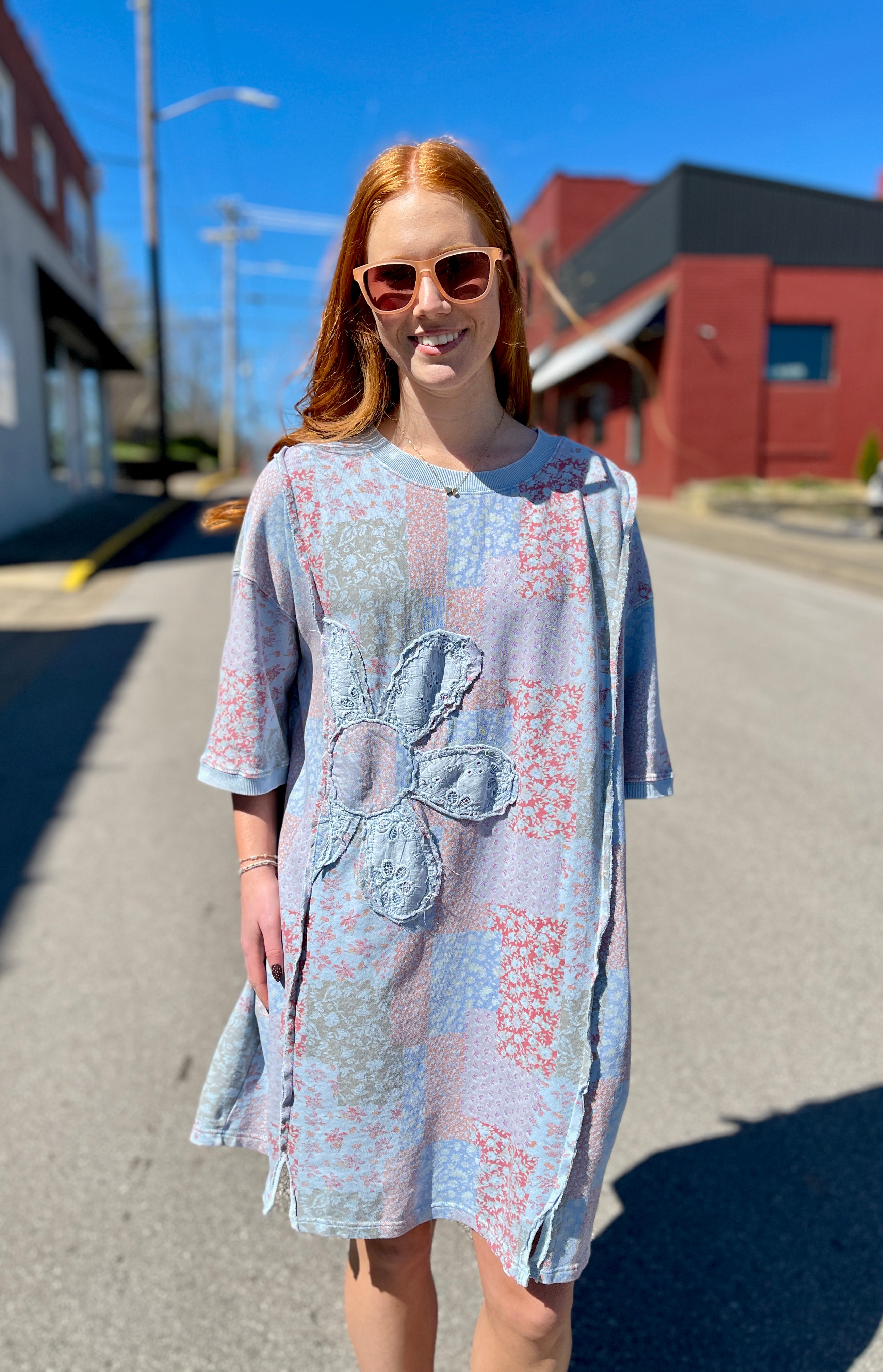 blue patch dress Flower Patch Dress Roots and Ramble Boutique