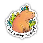 Sticker with a capybara and bird illustration and 'Don't Worry, Be Capy' text on a white background