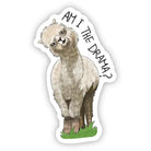 A die-cut sticker featuring a hand-drawn alpaca with the text 'AM I THE DRAMA?' in black script, shown on a plain white background.