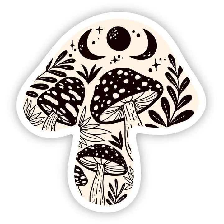 A die-cut sticker featuring a black and white illustration of mushrooms, leaves, and crescent moons on a cream background, shown on a plain white backdrop.