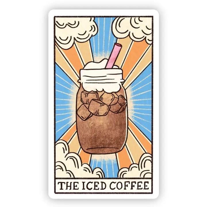 A rectangular sticker  featuring a stylized tarot-card design with the text 'THE ICED COFFEE' at the bottom. The illustration shows a brown iced coffee drink in a mason jar with whipped cream and a pink straw, set against blue and orange sunburst rays with white clouds.