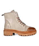 Beige and brown lace up leather boot with a chunky sole 