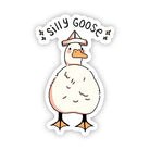 A die-cut sticker featuring a cute cartoon goose wearing a small hat, with the words “silly goose” above it, shown on a plain white background.