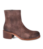 A brown suede ankle boot with a low block heel, shown in a side profile on a solid white background.