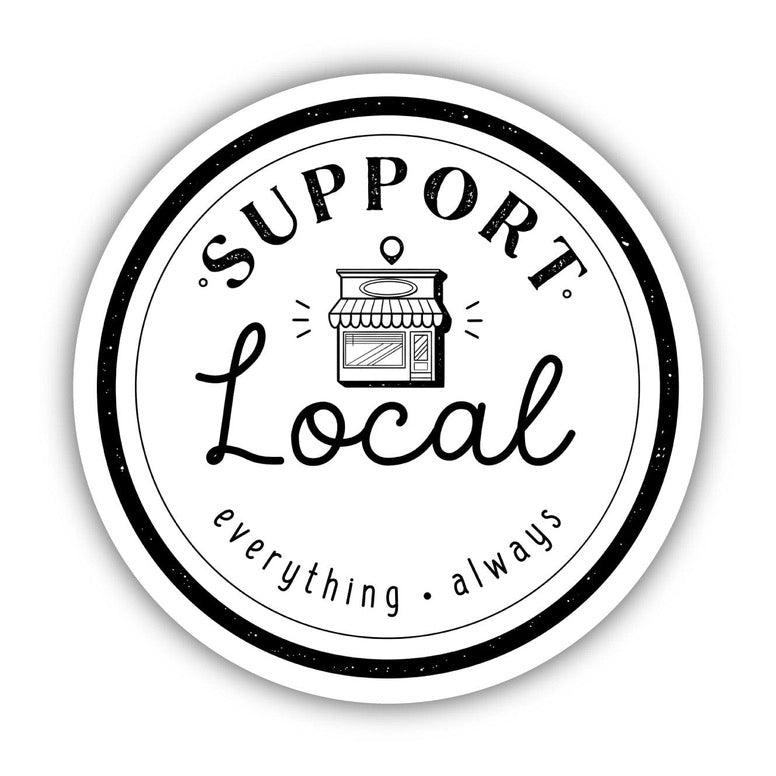 Circular sticker with 'Support Local' text and a store icon on a white background