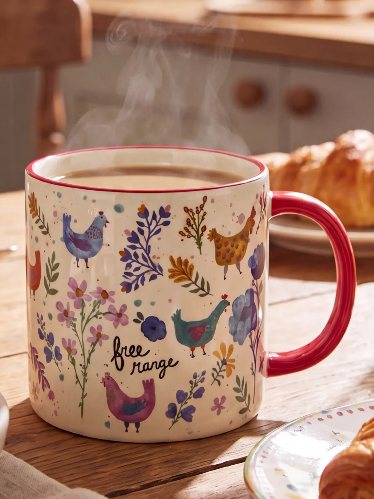 floral mug with chickens