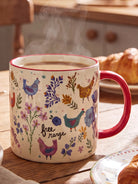 floral mug with chickens