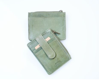 An olive green leather card holder wallet 