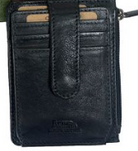 A black leather belt wallet with multiple card slots and a zippered pocket, shown against a white background.