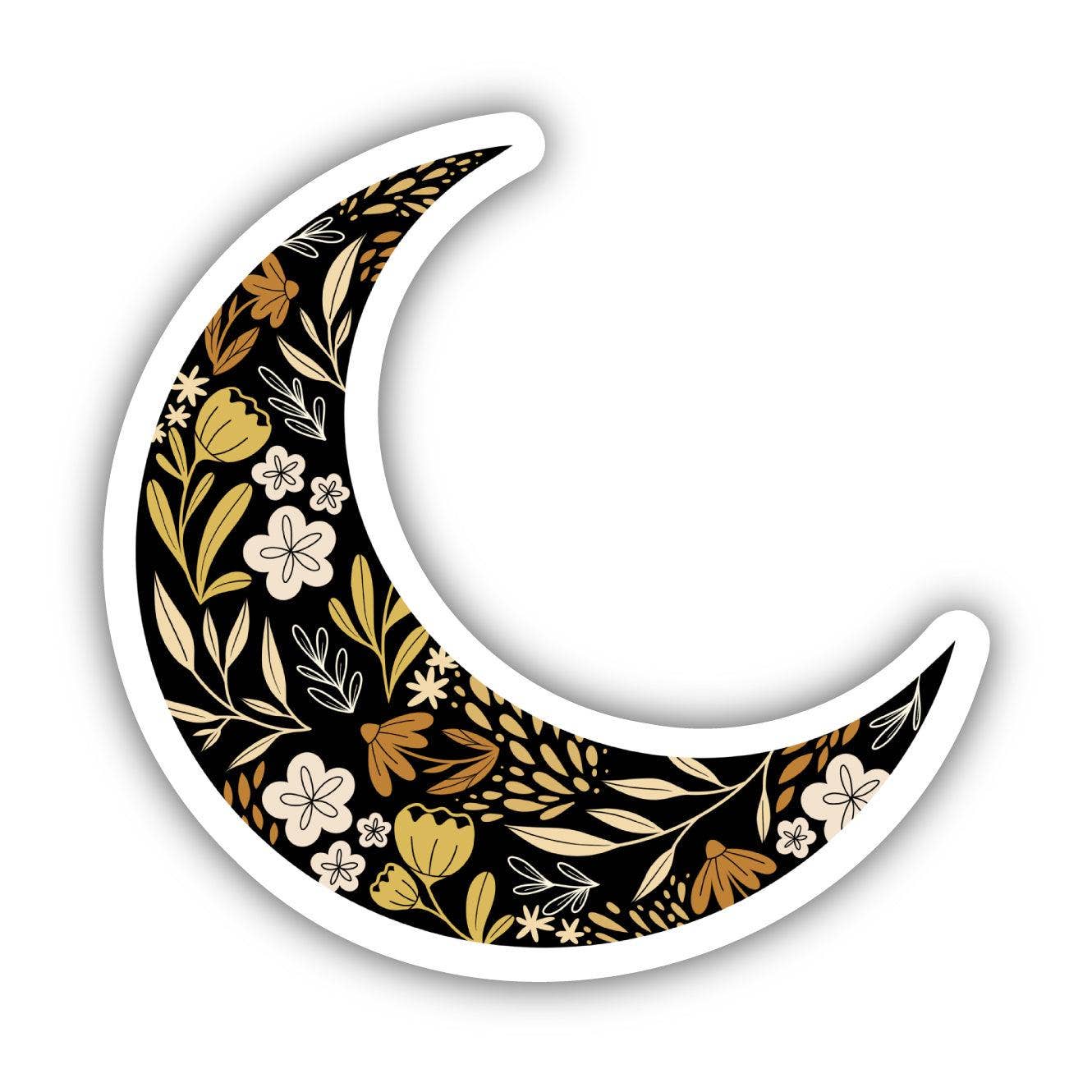 Decorative crescent moon with floral patterns on a white background