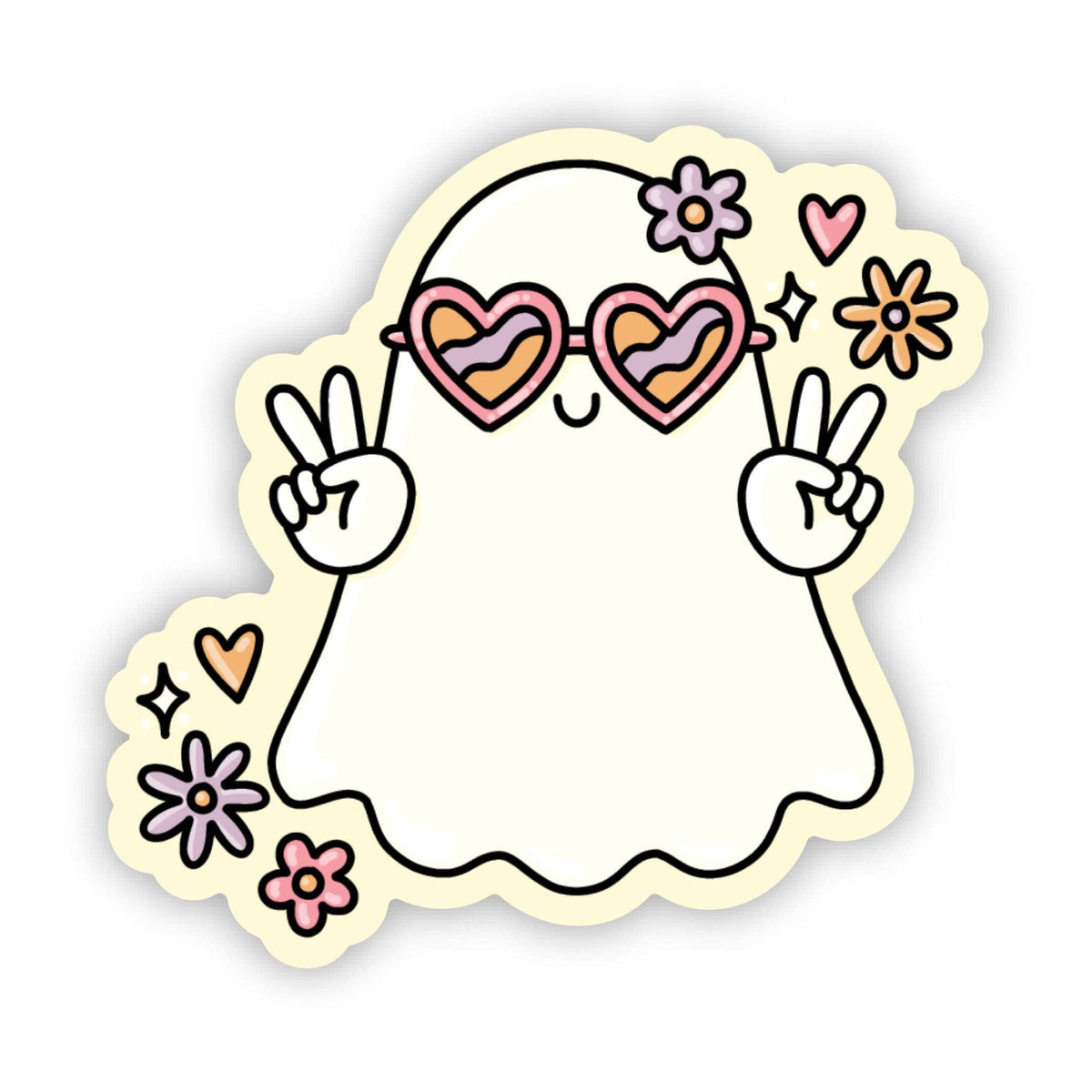 A cute ghost-shaped sticker or decal with a cream background, wearing pink heart-shaped sunglasses and surrounded by small flowers and sparkles. The ghost makes peace signs with both hands.