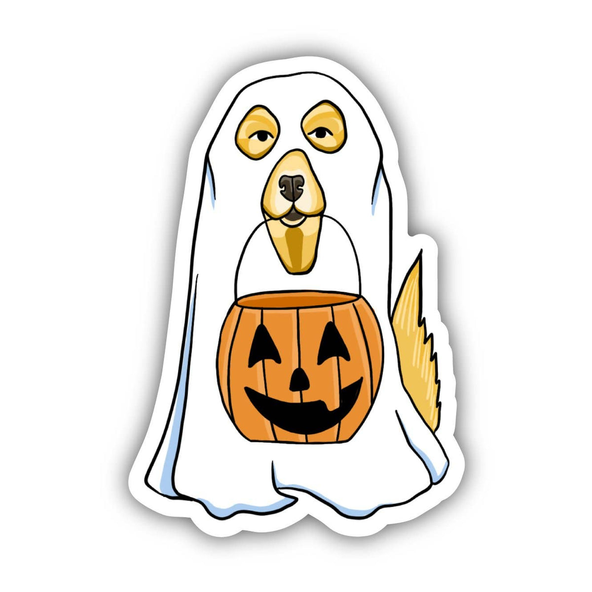A die-cut cartoon sticker of a dog dressed as a ghost holding a jack-o'-lantern bucket, shown on a plain white background.