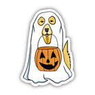 A die-cut cartoon sticker of a dog dressed as a ghost holding a jack-o'-lantern bucket, shown on a plain white background.