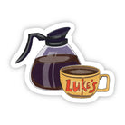 Illustration of a coffee pot and mug with 'Luke's' text on a white background