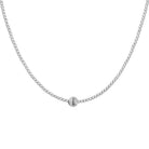 STERLING SILVER NECKLACE WITH SMALL BALLS AND ONCE LARGER CENTER BALL ON WHITE BACKGROUND