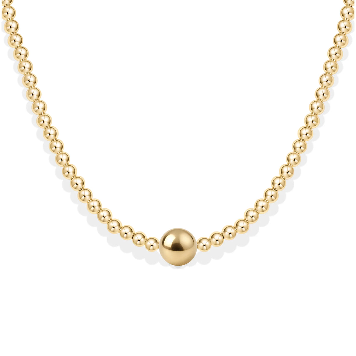 A gold ball chain necklace featuring a single larger polished gold sphere pendant at the center, displayed against a clean white background.